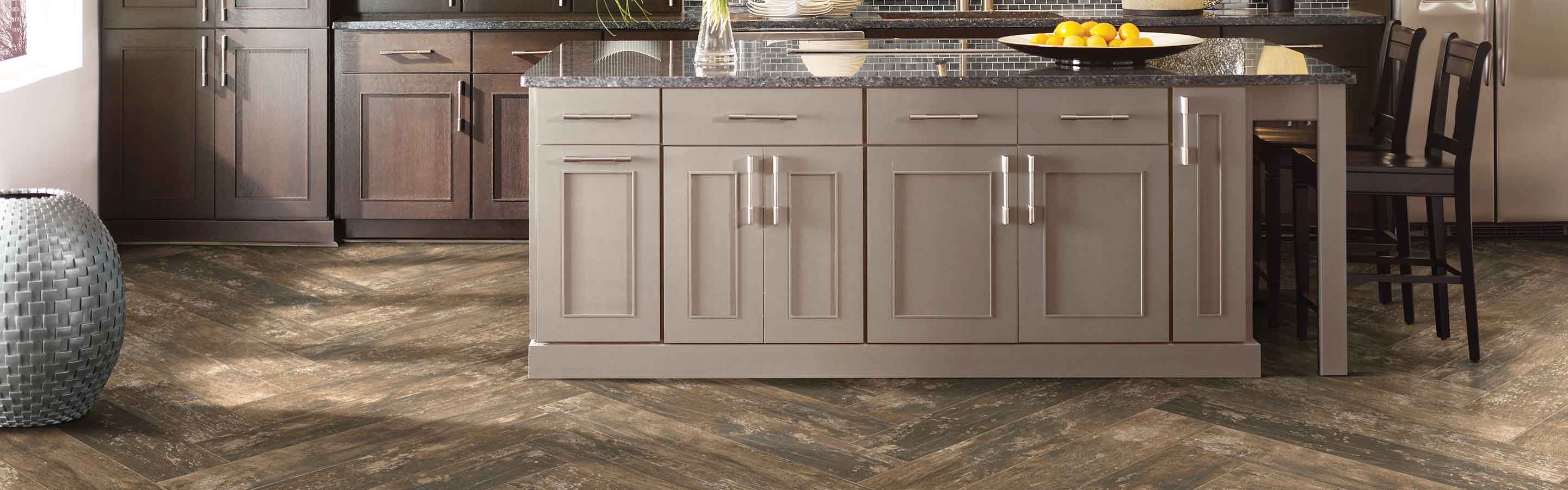 kitchen with dark herringbone wood-look tile floors